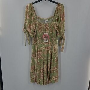 Aguabendita Green and Brown Floral Midi Dress With Pockets NWT
